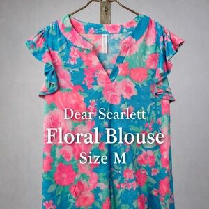 Dear Scarlett Teal & Pink Floral V-Neck Flutter Sleeve Blouse